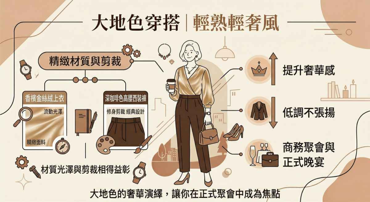 絲絨材質特有的流動光澤能大幅提升大地色的精緻度，搭配修身的西裝剪裁，顯得低調而奢華。