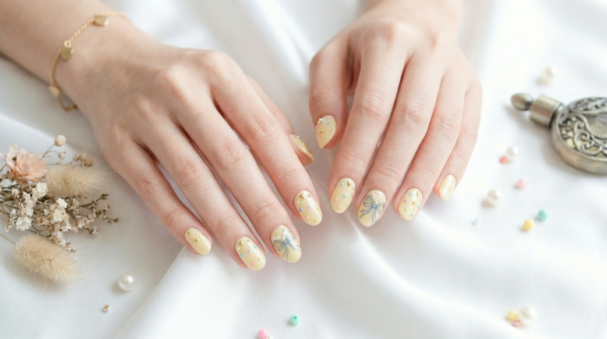 這款美甲設計以溫潤的奶油小雞黃為底色，搭配優雅的圓形甲型，營造出細膩的質感。