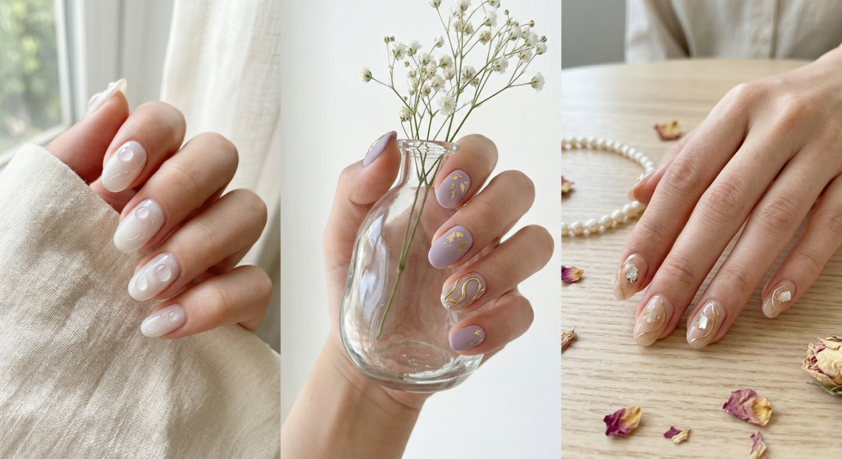 3D立體浮雕美甲以透明水滴、浮雕線條或金箔細節增添層次，在簡約中帶出個性，就算局部點綴也很有質感。