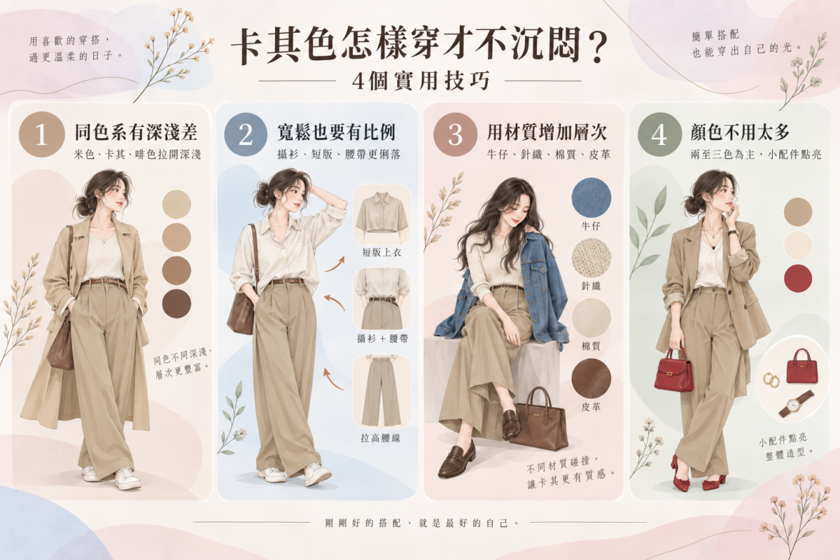 卡其色穿搭告別沉悶 4 大實用技巧圖解:包含同色系深淺變化、寬鬆比例調整、牛仔與針織異材質混搭以及 2-3 色搭配原則。