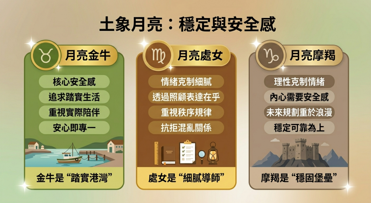 土象月亮通常重視穩定、踏實與安全感，情感表達較內斂，會更在意可靠的陪伴、生活秩序與看得到未來的關係。