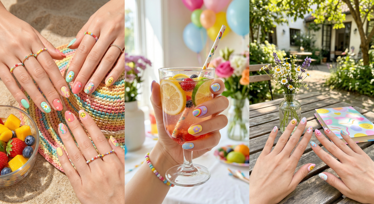 多巴胺手繪美甲以小花、愛心或趣味線條點綴指尖，整體繽紛有活力又帶少女感，很適合春夏、度假或聚會時做。