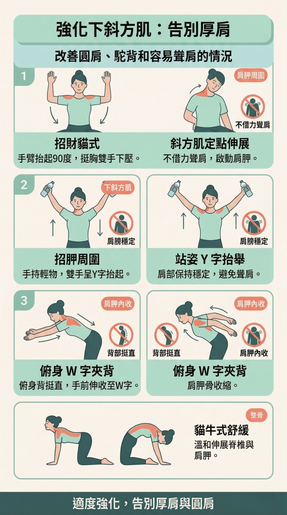 改善厚肩的3個訓練動作指南：招財貓式、站姿Y字抬舉及俯身W字夾背，圖中標註強化下斜方肌與穩定肩胛骨的發力重點。