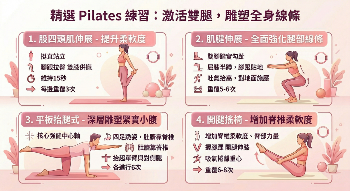 這是一張標題為「精選 Pilates 練習」的教學資訊圖，透過四個圖解動作（股四頭肌伸展、肌腱伸展、平板抬腿式、開腿搖椅）詳細說明如何激活雙腿與雕塑全身線條，並列出每個動作的練習要點與次數。