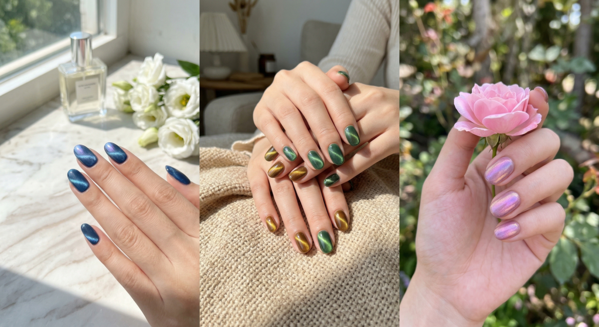 晶石貓眼與極光美甲以隨光線變化的細緻光澤帶出低調閃亮感，配上深海藍、森林綠或煙粉紫等層次色調，更顯白又有氣質。