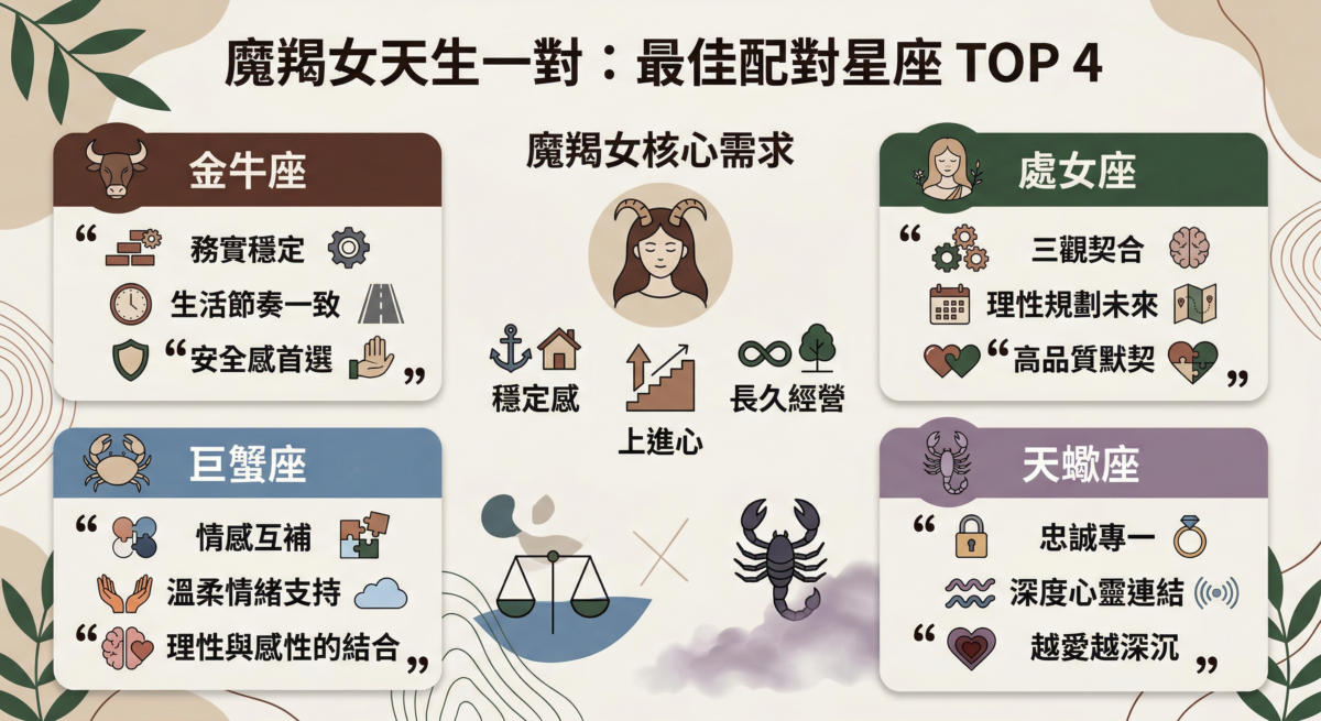 魔羯女星座配對圖表：分析魔羯座女生與金牛座、處女座、巨蟹座及天蠍座的契合原因與感情優勢。