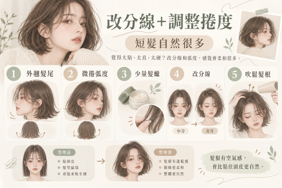 短髮造型整理圖,示範外翹髮尾、微捲弧度、少量髮蠟、改分線及吹鬆髮根等自然修飾技巧。