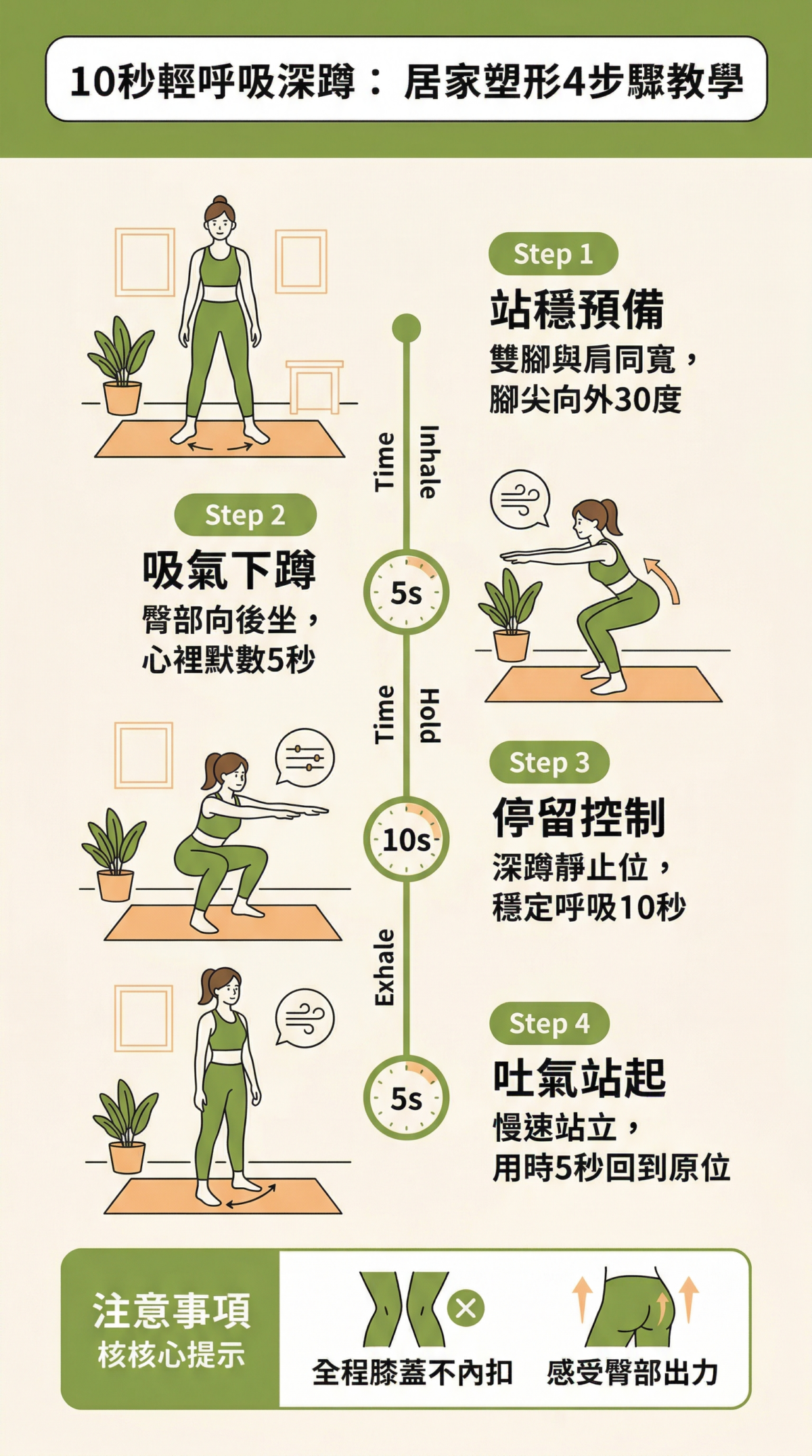 10秒輕呼吸深蹲與一般深蹲對比圖，比較兩者的節奏、訓練重點、適合對象與入門門檻的不同。