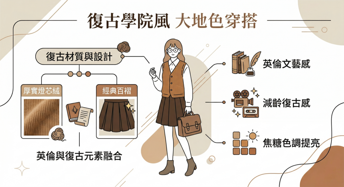 以焦糖色燈芯絨背心內搭白襯衫，下身選擇深咖啡色百褶短裙。