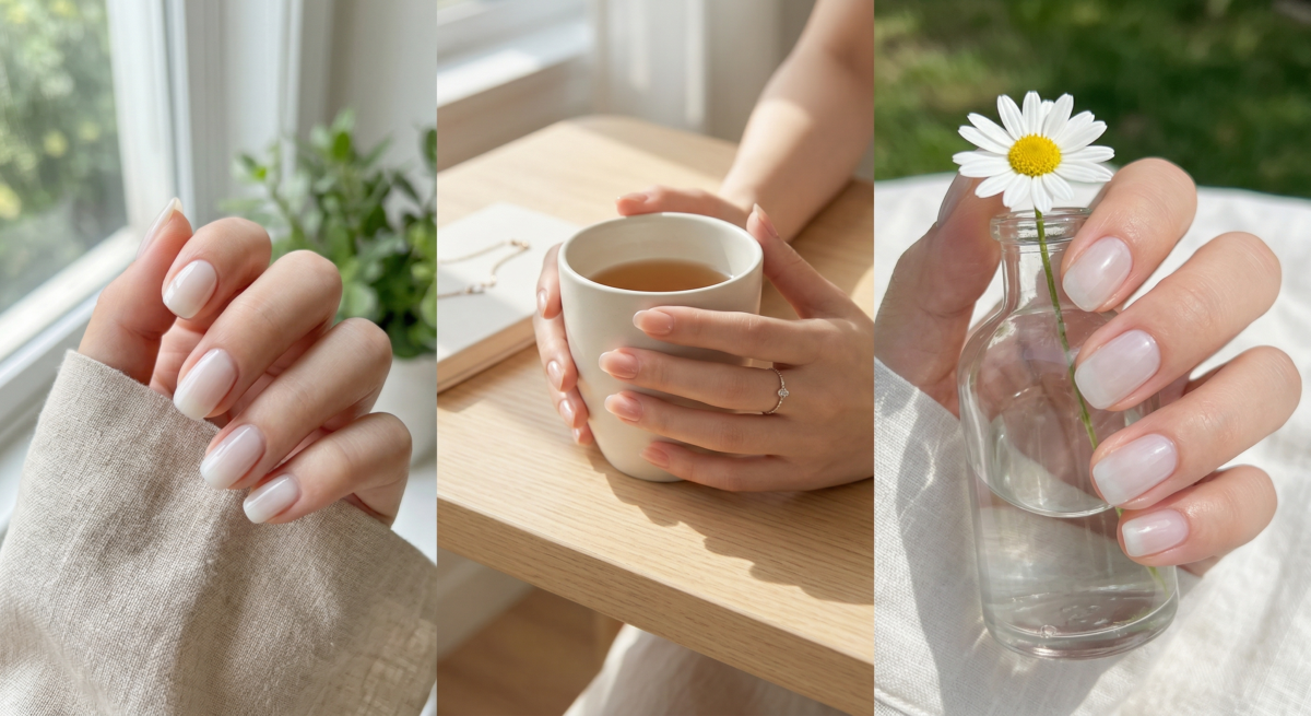 冰透裸色以透薄奶白、裸粉或柔霧白營造乾淨自然的感覺，顯白百搭又帶點低調高級感，很適合喜歡簡約風格的人。