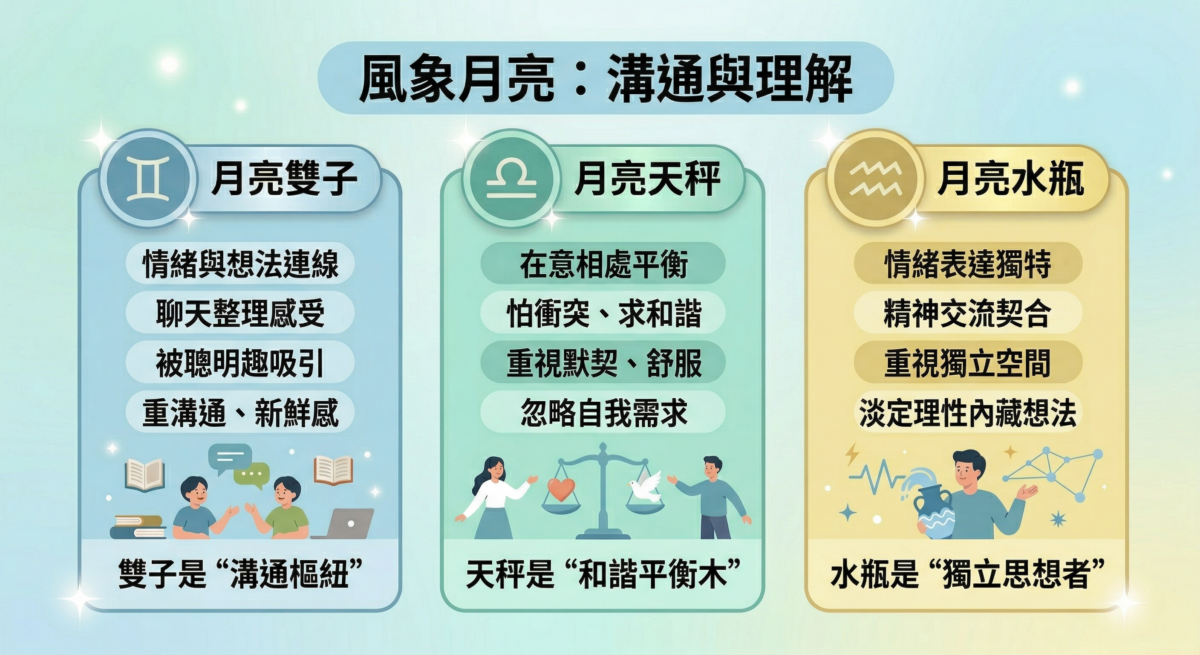 風象月亮通常重視溝通、理解與精神交流，情緒常先經過思考整理，也較在意相處是否自然、有默契和保有空間感。