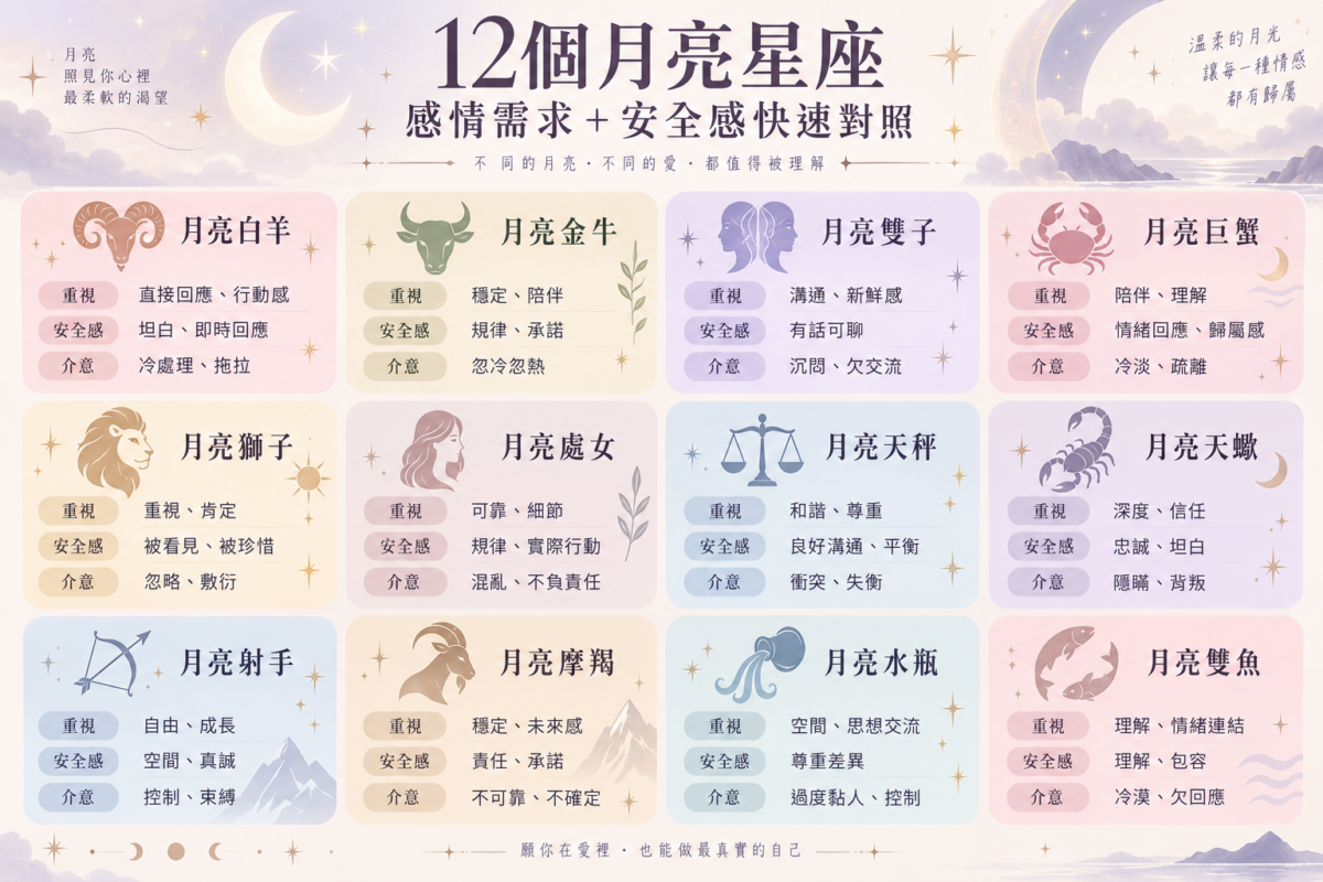 12個月亮星座感情需求對照圖表：整理白羊、金牛、雙子、巨蟹、獅子、處女、天秤、天蠍、射手、摩羯、水瓶與雙魚座的情緒需要、安全感來源與感情地雷。
