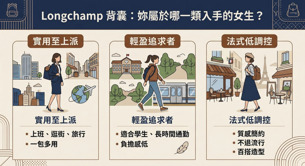 Longchamp背囊推薦特質對比圖表：對比「實用至上派」（多功能用途）、「輕盈追求者」（通勤負擔低）與「法式低調控」（簡約質感）三類女生特徵。