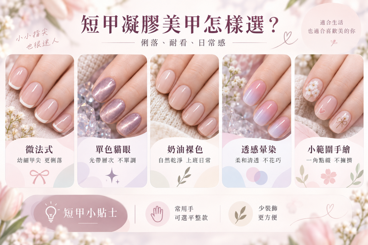 短甲 Gel 甲款式推薦圖表：比較微法式、單色貓眼、奶油裸色、透感暈染與小範圍手繪的款式特色、顯手長優點與日常配戴建議。