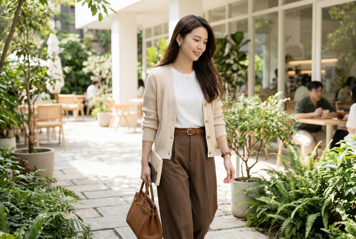 啡色褲之所以愈來愈受歡迎，在於它比黑褲柔和、比牛仔褲更有復古層次，無論搭白色、卡其／奶茶色，還是黑色短版上衣，都能穿出清爽、溫柔或俐落顯瘦的感覺。