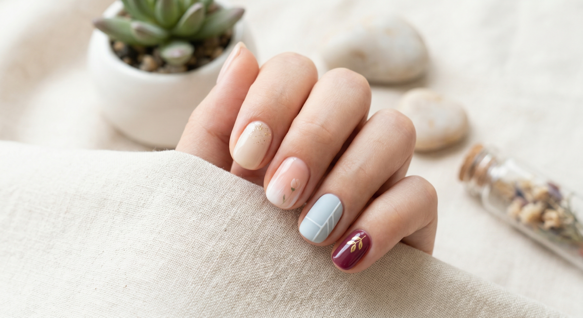 短甲指甲彩繪想顯白又耐看，可優先選擇裸色、奶茶色、低飽和粉色或帶奶感灰調的色系，既百搭也更能自然襯托膚色。