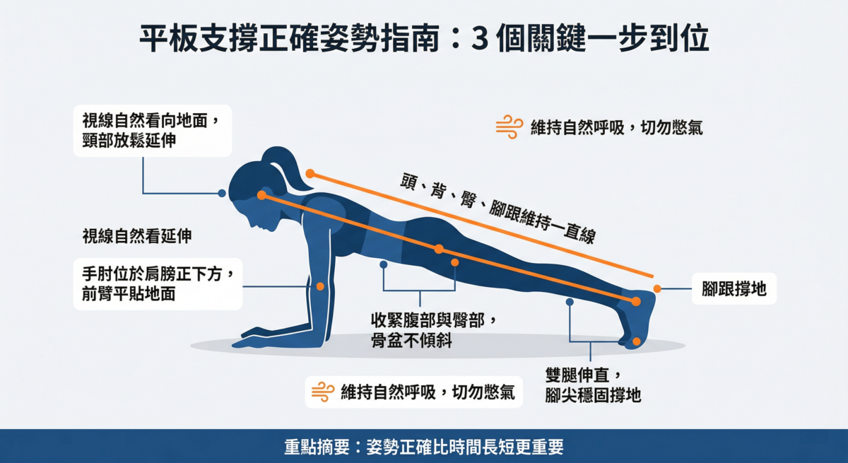 平板支撐正確姿勢教學圖解：包含手肘位置、核心發力、身體維持一直線與呼吸要領示範。