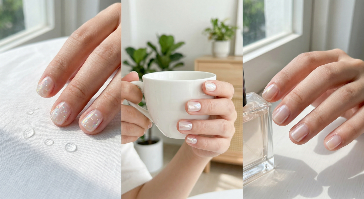 短甲指甲彩繪推薦｜高級感光澤款：玻璃珠光澤甲。