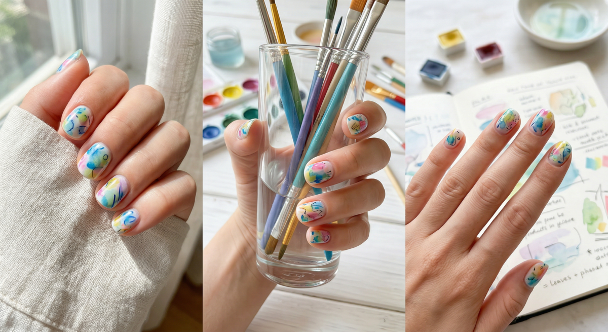 短甲指甲彩繪推薦｜可愛俏皮款：水彩塗鴉感。