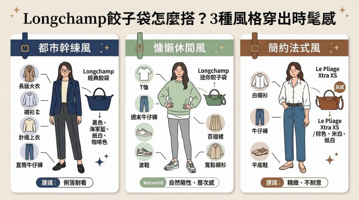 Longchamp 餃子袋穿搭指南：可輕鬆搭出都市幹練、慵懶休閒和簡約法式3種風格，重點在於選對包款、顏色與服裝單品搭配。