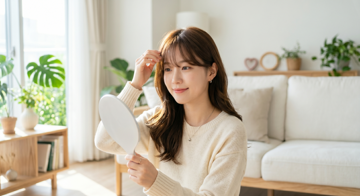 瀏海長到蓋眼時最容易影響視線，這時可用半露法或外翻弧度整理，既自然又能減少厚重感。