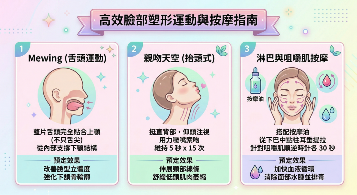 這是一張標題為「高效臉部塑形運動與按摩指南」的粉色系教學資訊圖，分為三個單元：分別介紹 Mewing 舌頭運動以強化下頜輪廓、仰頭「親吻天空」動作來伸展頸部線條，以及搭配按摩油進行淋巴與咀嚼肌按摩以消除水腫。