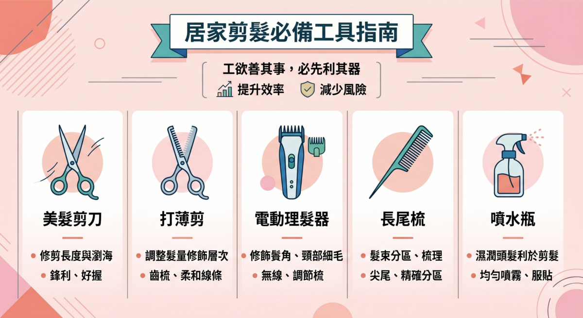 居家剪髮必備的 5 大工具圖解，包含美髮剪刀、打薄剪、電動理髮器、長尾梳與噴水瓶，並附帶各項工具的功能說明。