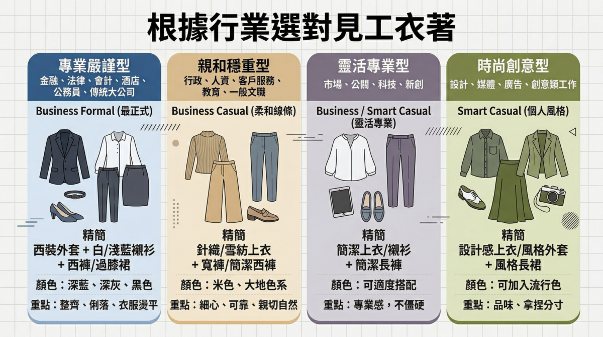 不同行業面試穿搭建議圖表：涵蓋金融法律（正式西裝）、行政教育（親和商務）、科技新創（靈活專業）及設計媒體（創意風格）的配色與單品建議。