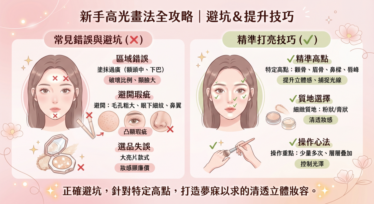 一張說明新手如何正確使用高光的圖解。左側顯示常見錯誤，右側則顯示精準打亮技巧。