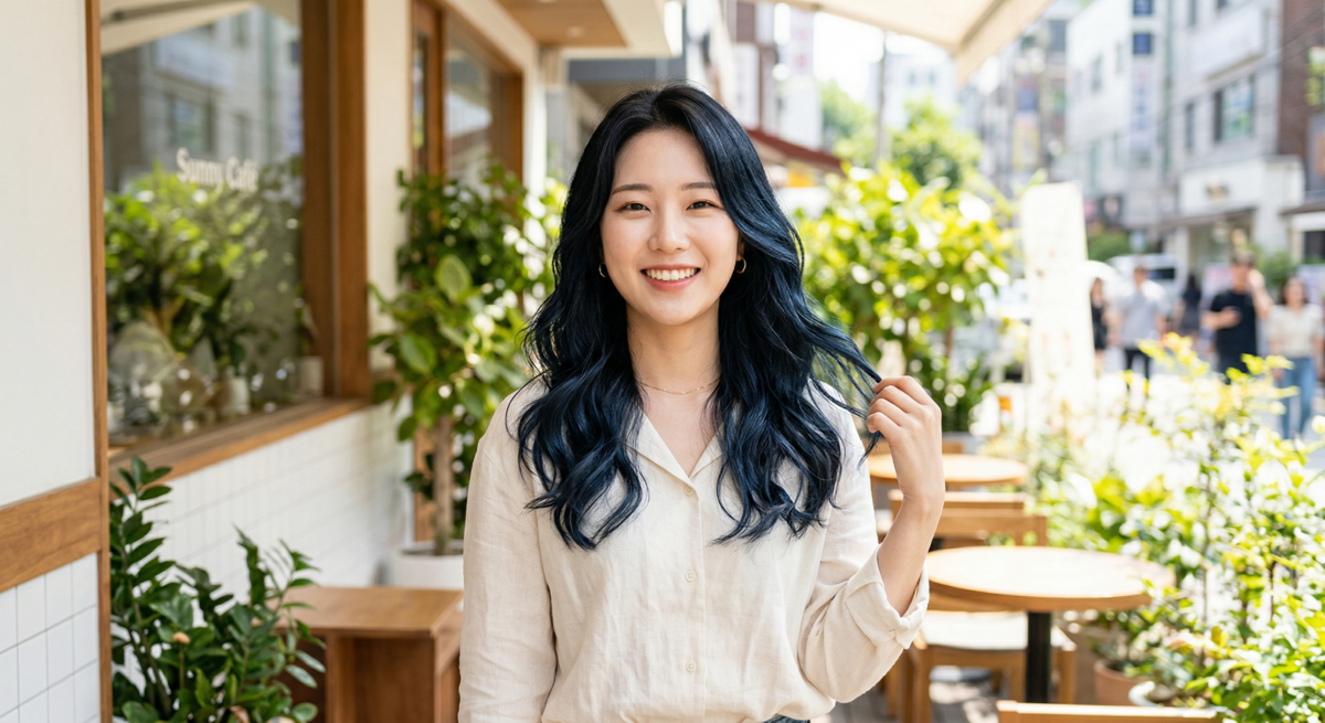 藍黑色平時看起來接近自然黑髮，但在光線下會透出低調藍感，既有變化又不會太高調，還有一定顯白效果。