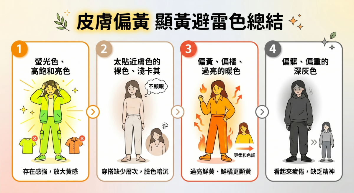 黃皮膚穿搭避雷色系資訊圖表：整理螢光色、裸卡其色、鮮橘暖色與深灰色等四大顯黃禁忌色建議。