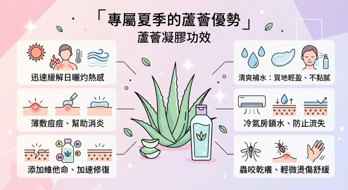 這張標題為「專屬夏季的蘆薈優勢」的資訊圖表介紹了蘆薈凝膠的六大功效，包含迅速緩解日曬灼熱、薄敷痘痘消炎、添加維他命加速修復、清爽補水不黏膩、在冷氣房中鎖水防止流失，以及舒緩蟲咬乾癢與輕微燙傷。