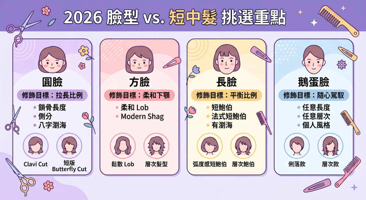 不用燙短中髮的剪裁重點圖解，包含分線選擇、臉周層次設計、輕盈髮尾處理以及下巴到鎖骨的黃金長度建議。