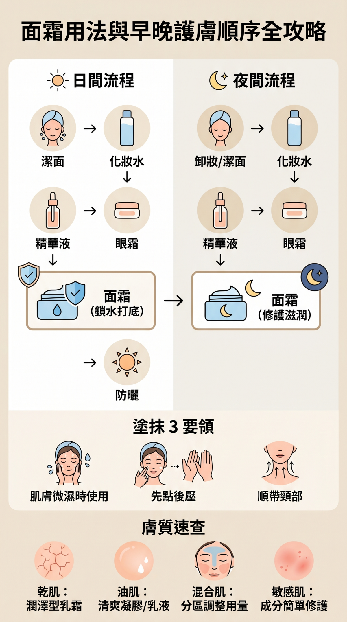 面霜用法教學資訊圖：清晰展示日間與夜間正確護膚順序流程，包含面霜在防曬前、精華後的關鍵位置，並整理不同膚質（乾性、油性、混合、敏感肌）的挑選重點與提升保濕力的塗抹技巧。