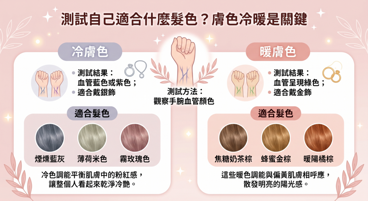 選對髮色能讓膚色瞬間亮一個色階。測試自己適合什麼髮色，最快的方法就是觀察手腕血管的顏色。