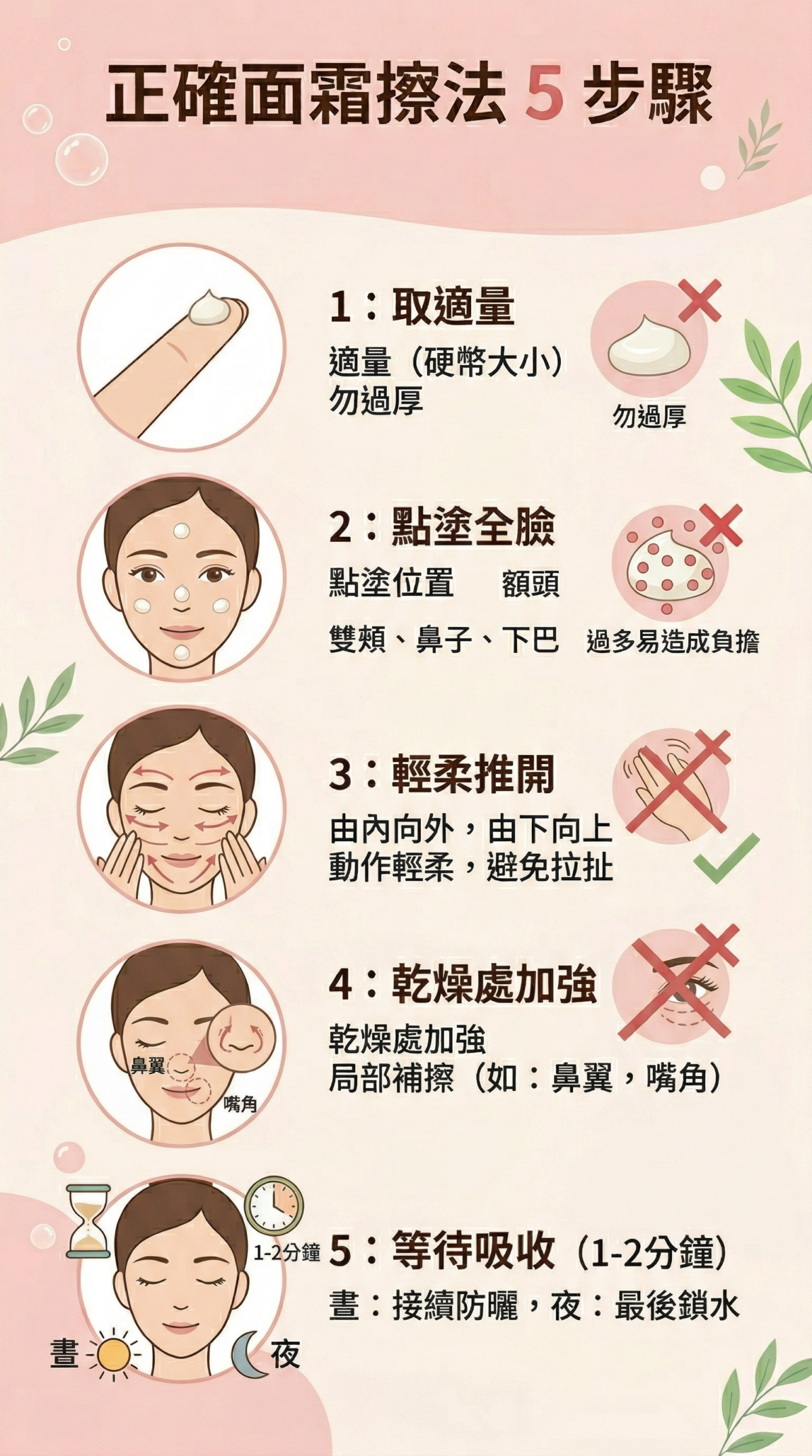 面霜正確使用步驟教學資訊圖：包含取硬幣大小適量面霜、點塗臉部五點、由內往外輕推按摩、加強乾燥部位及等待吸收的保養流程圖。