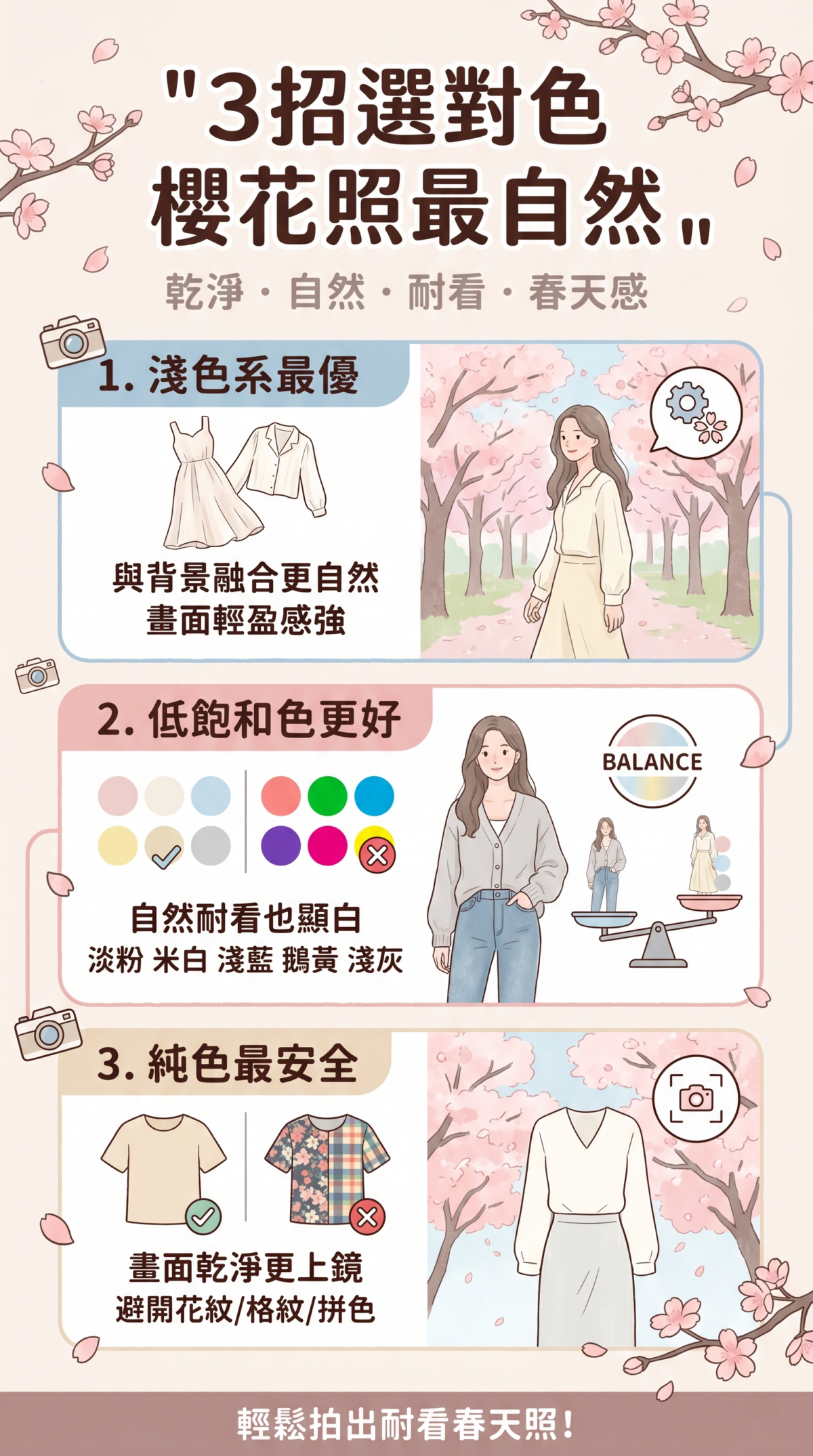 櫻花攝影穿搭配色指南資訊圖：包含淺色系融合、低飽和柔和色調選擇以及純色服飾建議，助你拍出清新唯美櫻花照。