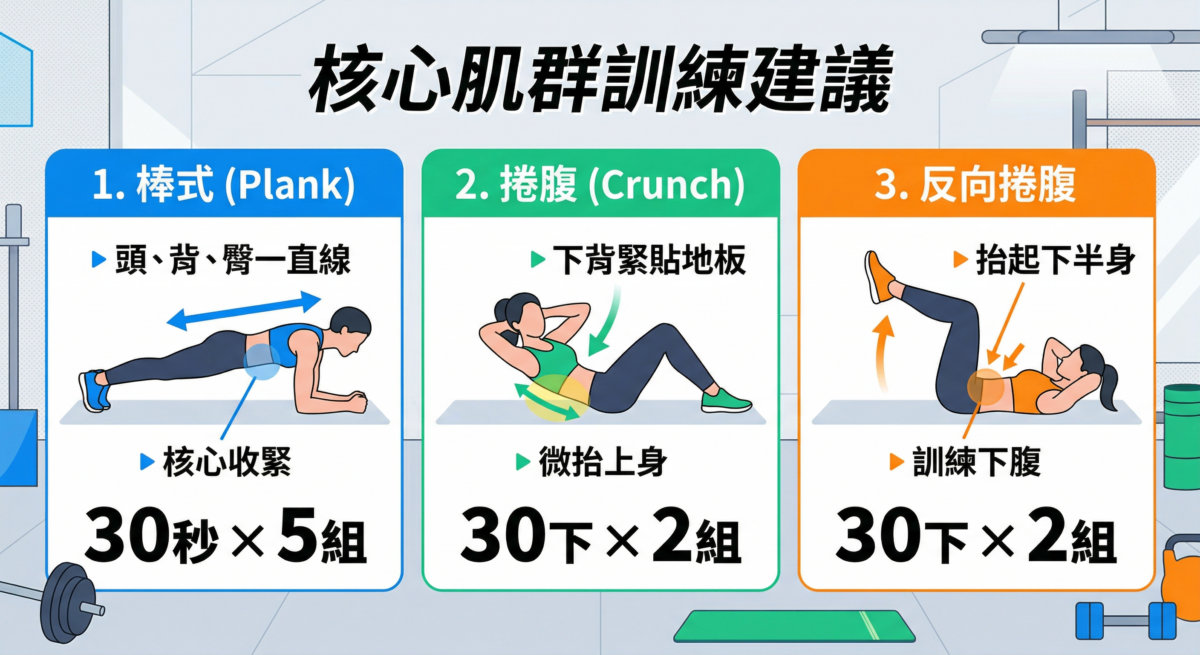 這是一張標題為「核心肌群訓練建議」的資訊圖表，以藍、綠、橘三色區塊介紹三種運動，分別為棒式、捲腹以及反向捲腹，每項皆配有正確姿勢與動作的要點說明。