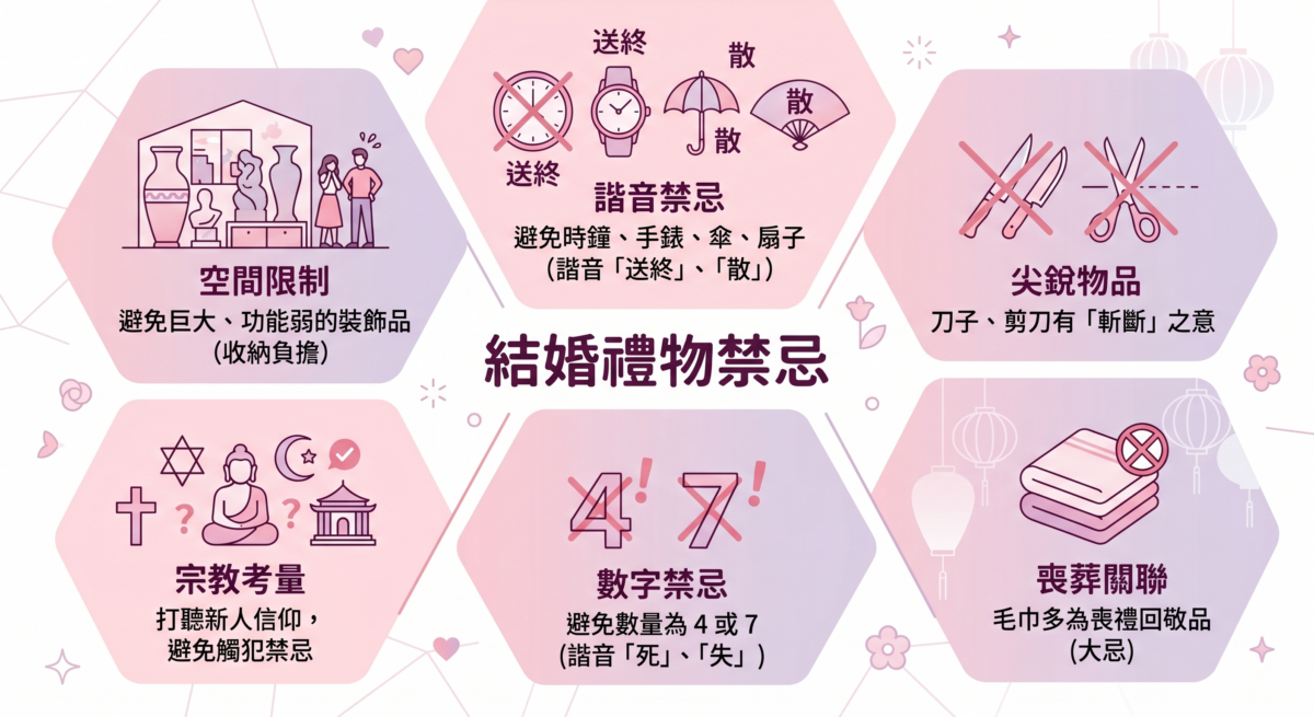這張名為「結婚禮物禁忌」的資訊圖，包含會造成收納負擔的巨大裝飾品、諧音不吉利的時鐘或傘扇、寓意斷絕關係的尖銳刀剪、觸犯宗教禁忌的物品、諧音死或失的數字 4 與 7，以及常作為喪禮回敬品的毛巾。