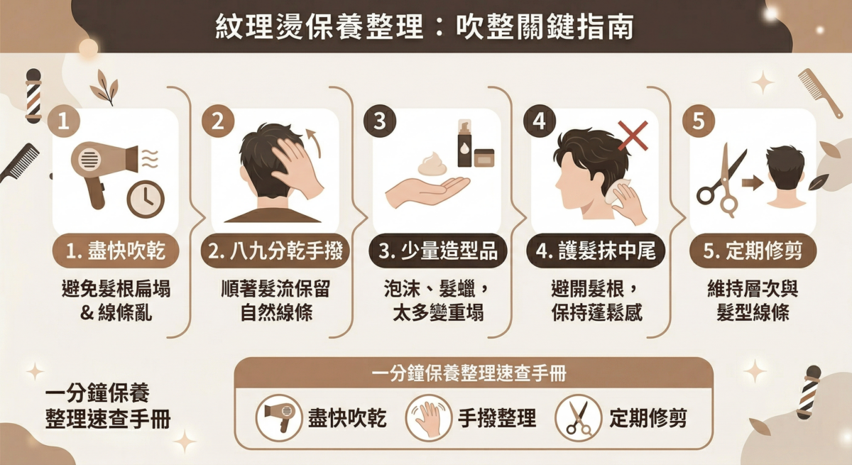 紋理燙整理與保養教學懶人包:包含吹乾時機、手撥整理、造型品用量、護髮重點及定期修剪等5大燙髮維護技巧。