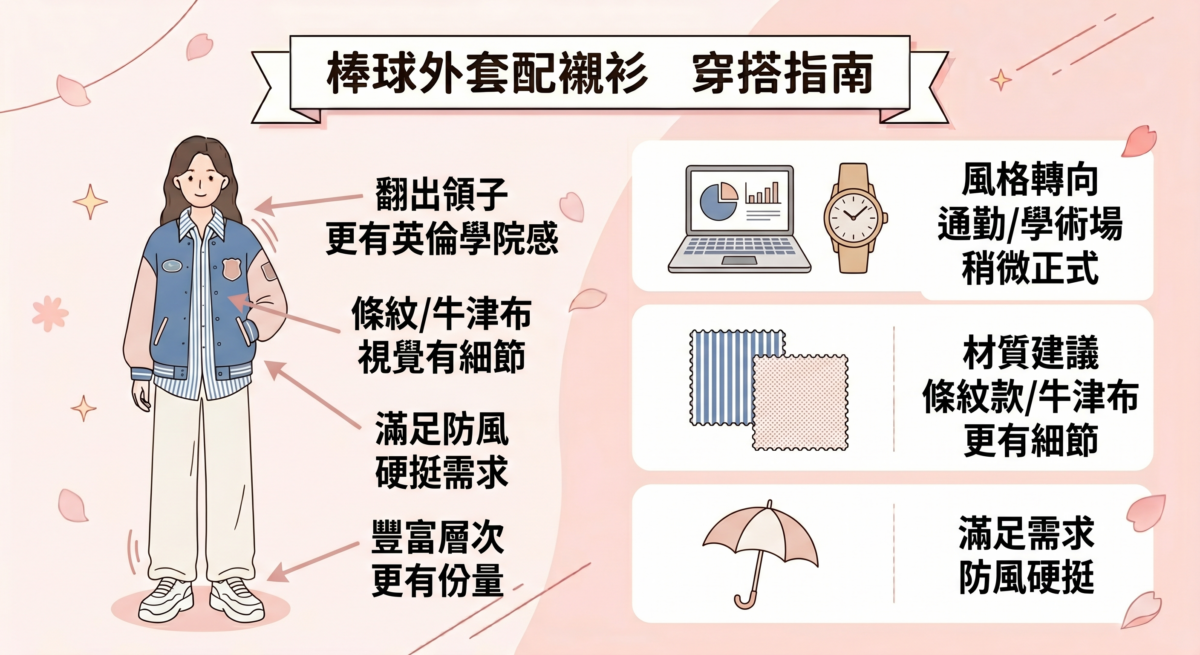將襯衫領子翻出外套外，可以營造出更有英倫學院感的層次。