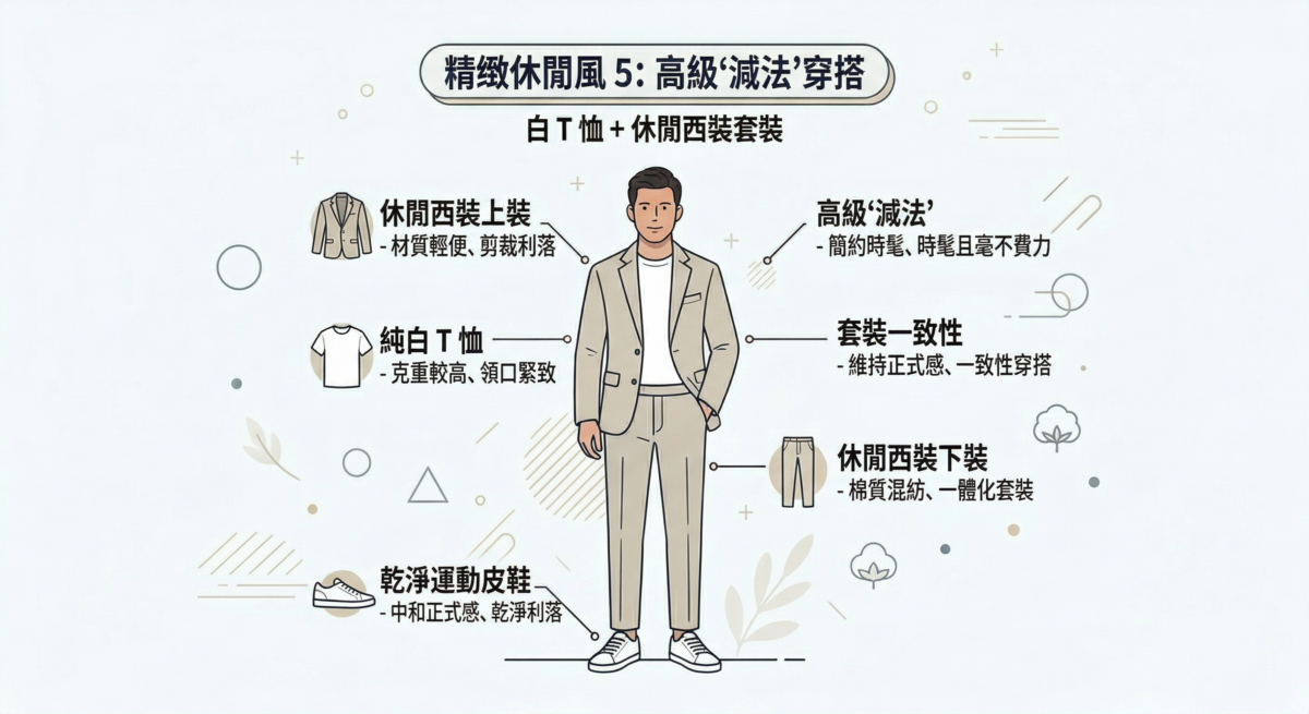 选择一套材质轻便、剪裁利落的休闲西装套装（如亚麻或棉质混纺），内搭一件克重较高、领口紧致的纯白 T 恤。