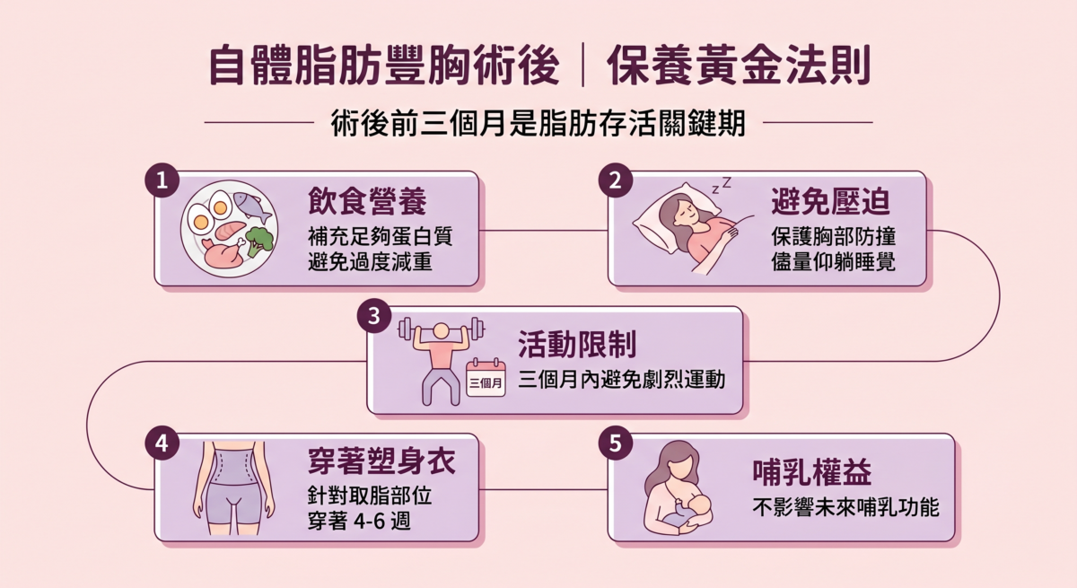 這張資訊圖列出了自體脂肪豐胸術後三個月關鍵期的五大保養法則，包括補充足夠蛋白質、避免胸部受壓並盡量仰躺、三個月內避免劇烈運動、取脂部位需穿著塑身衣 4-6 週，以及說明手術不影響未來哺乳功能。