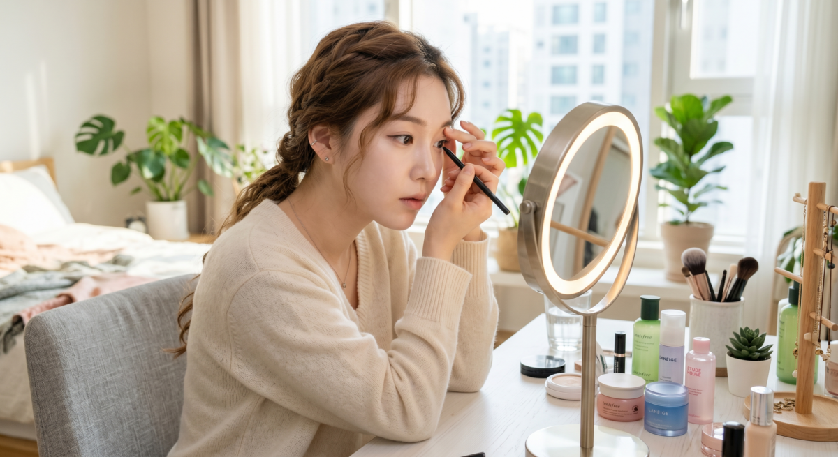 畫內眼線前先穩定手勢、調好鏡子角度、夾翹睫毛並保持眼皮乾爽,通常會更容易畫準,也比較不易失手。