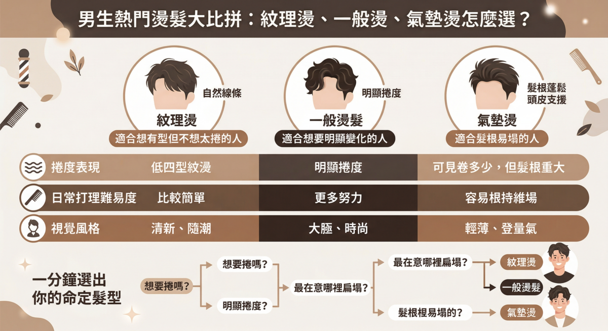 男生燙髮比較圖:詳細對比紋理燙、一般燙髮與氣墊燙的捲度差異、視覺重點及適合臉型,幫助細軟髮與扁塌頭選擇最適合的韓系男士髮型。