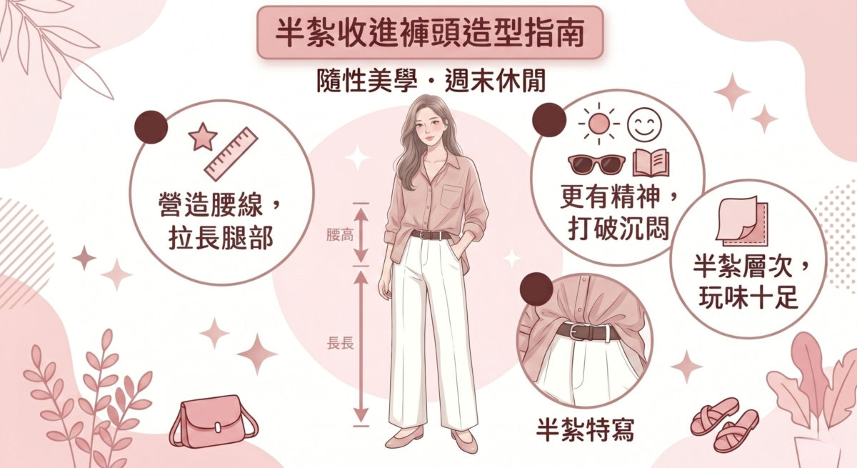 單邊塞進或是不對稱的半紮穿法，能打破正裝恤衫既有的規整印象。