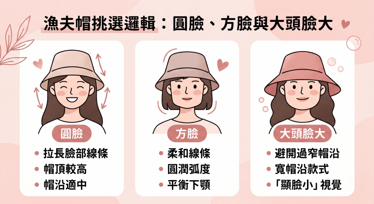 明漁夫帽挑選邏輯的圖解，針對圓臉、方臉及大頭臉型提供建議。