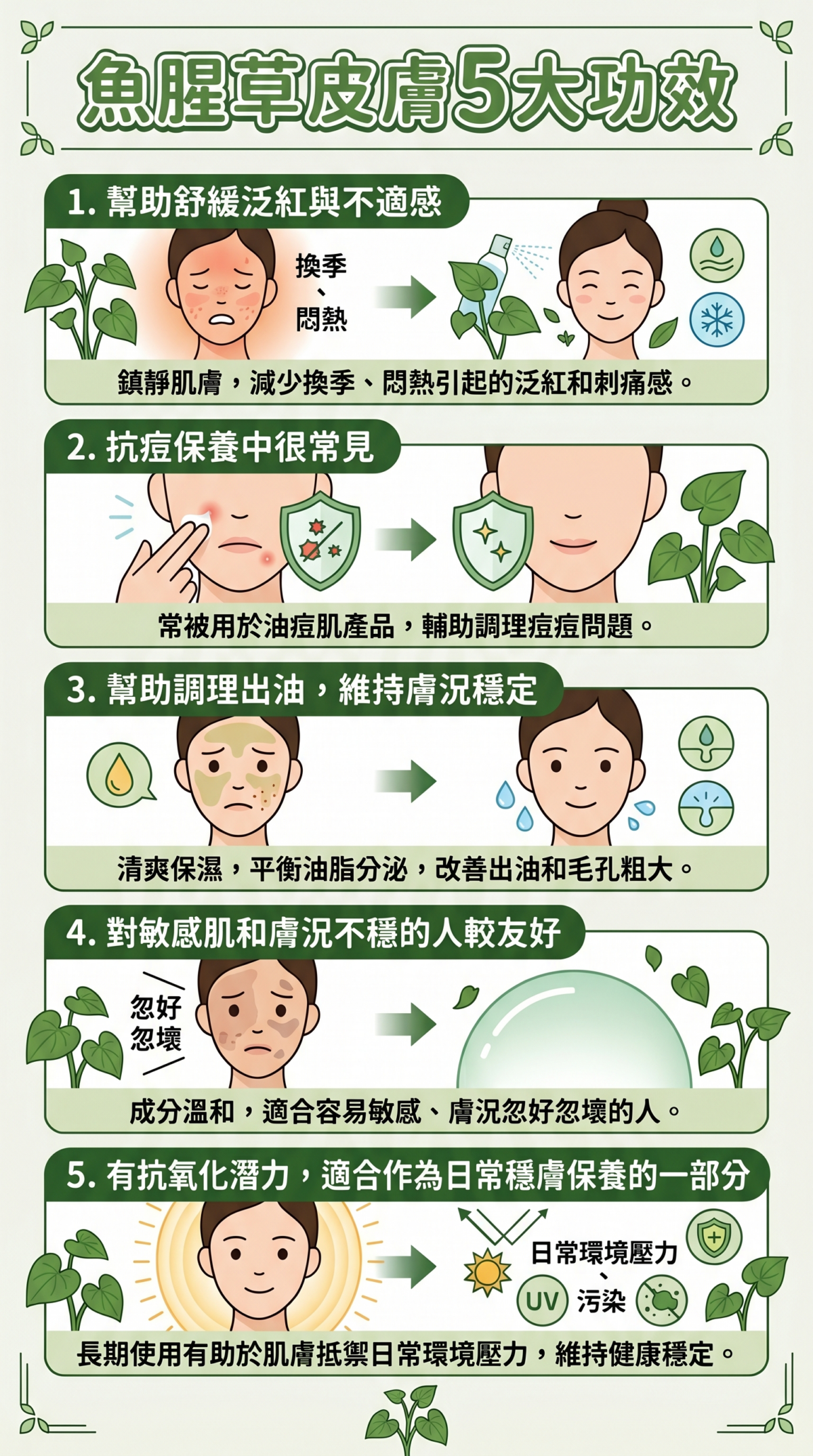 魚腥草皮膚功效懶人包：包含舒緩泛紅、抗痘輔助、控油穩膚、敏感肌友善及抗氧化等 5 大護膚重點整理資訊圖。