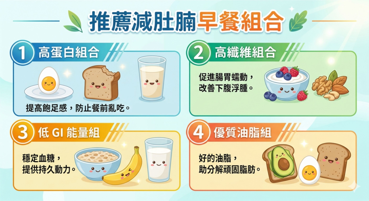 這張為介紹四種健康早餐搭配：高蛋白組合、高纖維組合、低 GI 能量組以及優質油脂組，並分別註明其有助於提高飽足感、促進蠕動、穩定血糖及分解脂肪的功效。
