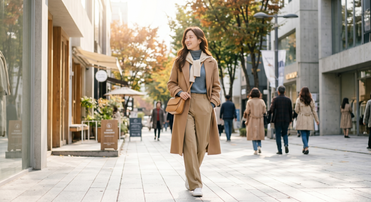 灰藍色搭配卡其或駝色，能在冷暖之間取得平衡，讓整體穿搭看起來更溫柔、穩重又有質感。